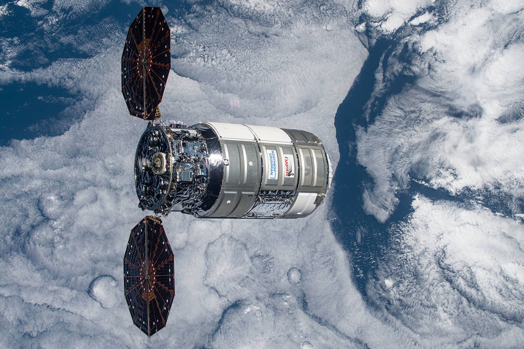 The Cygnus space freighter is pictured after its release