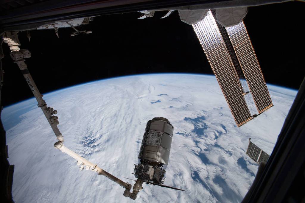 The Cygnus space freighter is pictured before its release