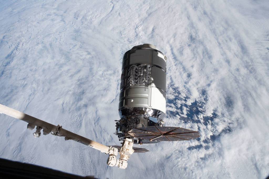 The Cygnus space freighter is pictured before its release