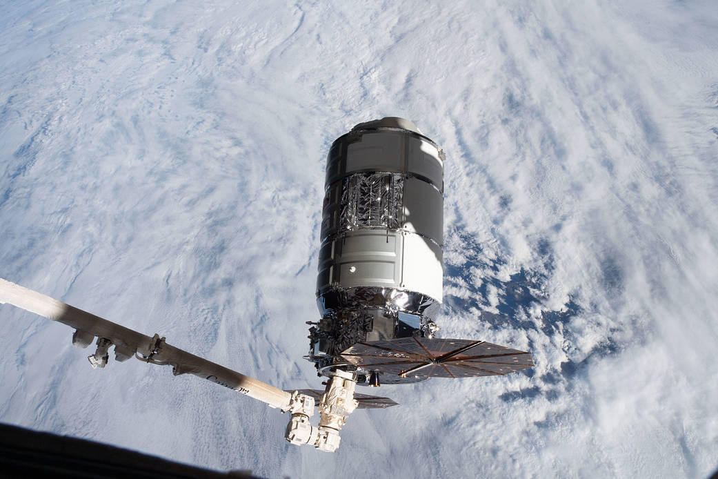 The Cygnus space freighter is pictured before its release