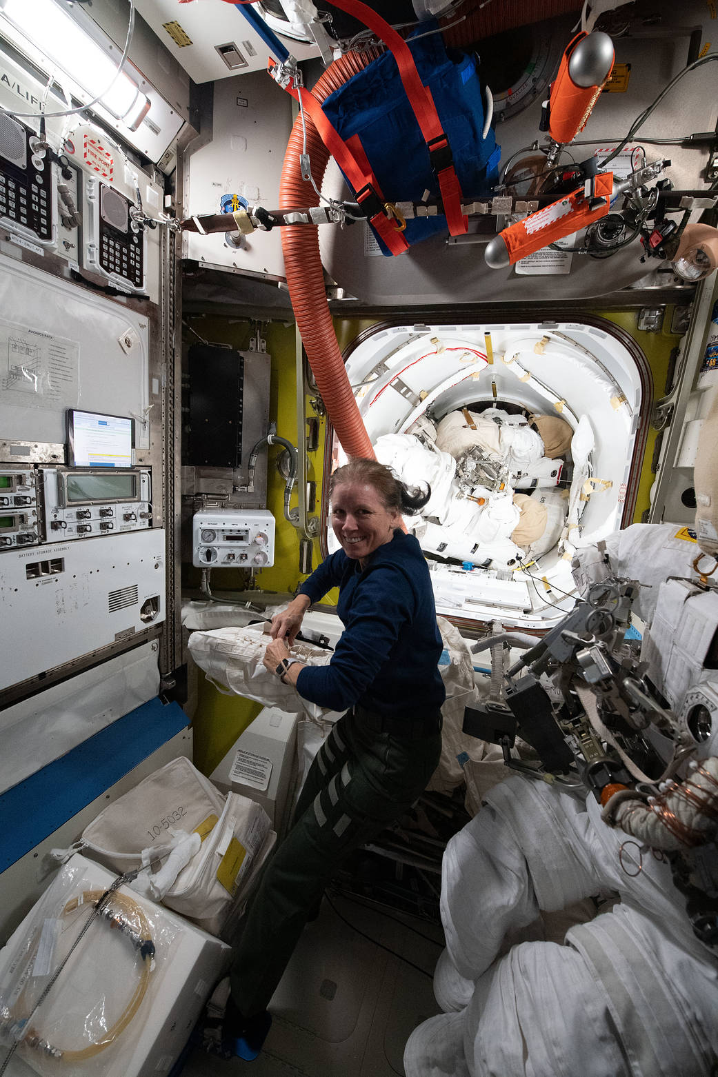 NASA Astronaut Shannon Walker works inside the Quest airlock