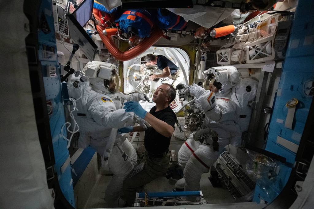 Spacewalk preparations in the Quest airlock