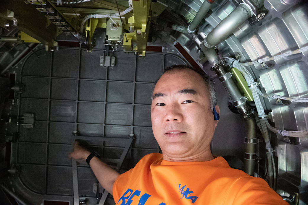 JAXA astronaut Soichi Noguchi inside Kibo's airlock
