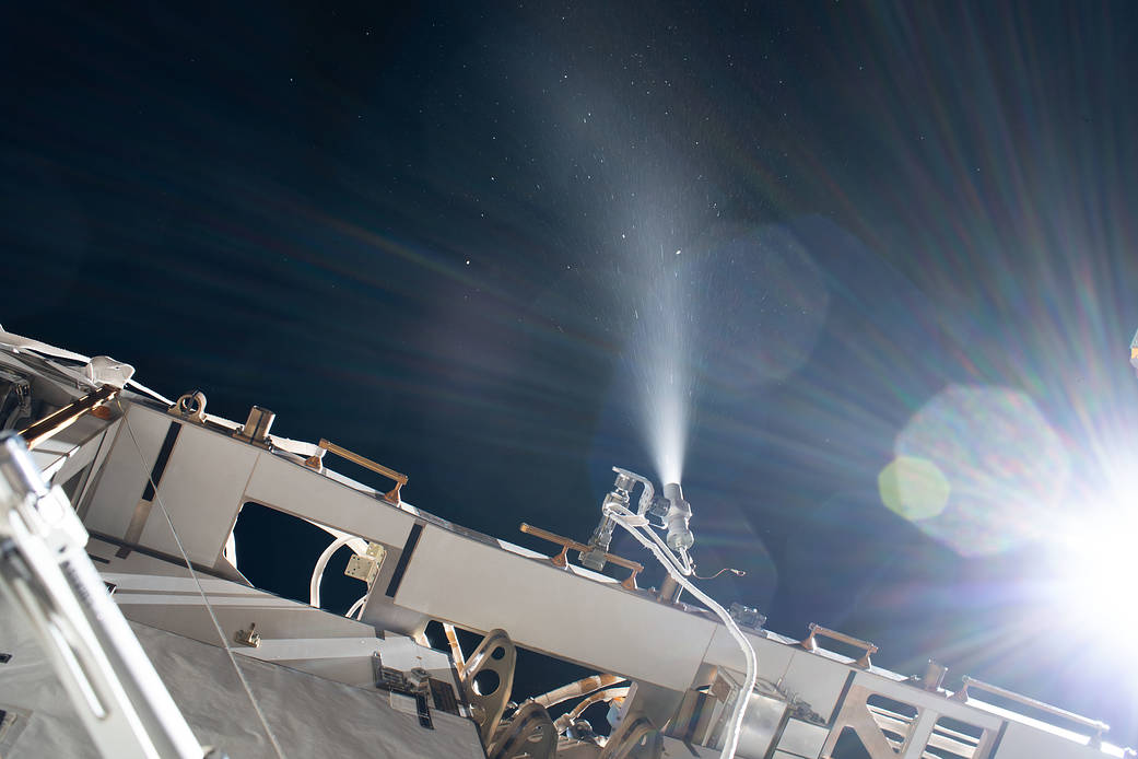 Ammonia is pictured venting outside of the International Space Station