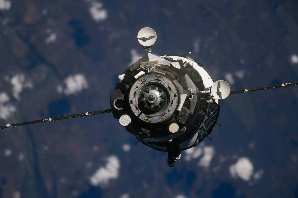 The Soyuz MS-18 crew ship approaches the space station