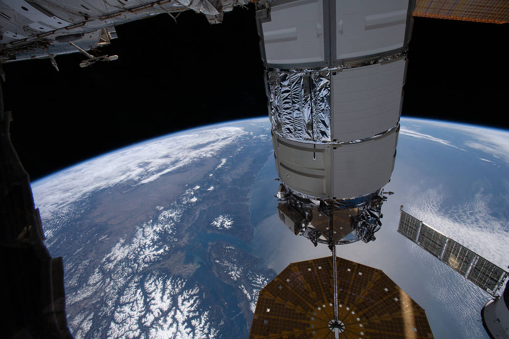 Cygnus space freighter above British Columbia, Canada