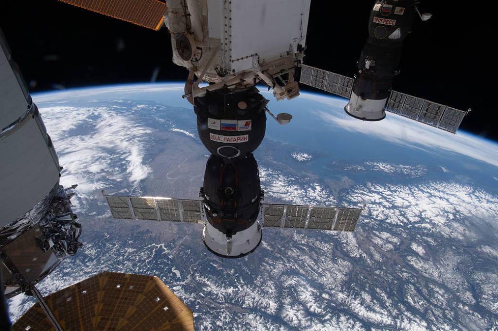 The Soyuz MS-18 crew ship docked to the station