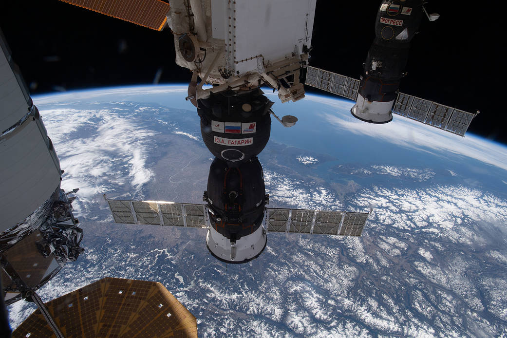 The Soyuz MS-18 crew ship docked to the station