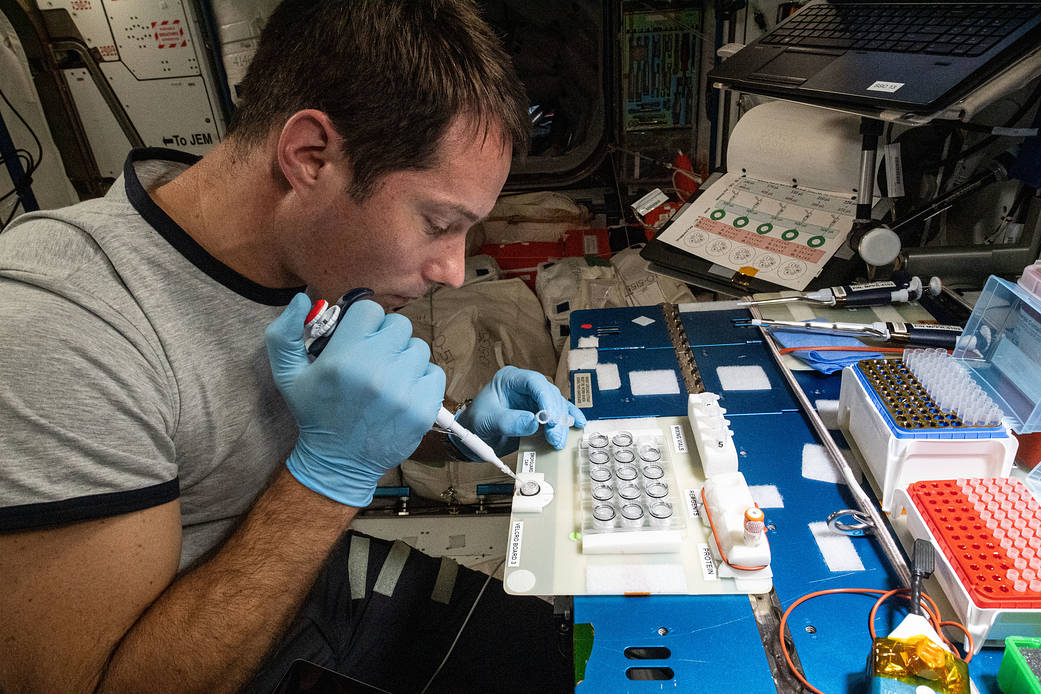 Astronaut Thomas Pesquet works on a biotechnology study