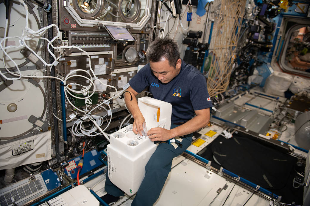 Astronaut Akihiko Hoshide checks out physics experiment hardware