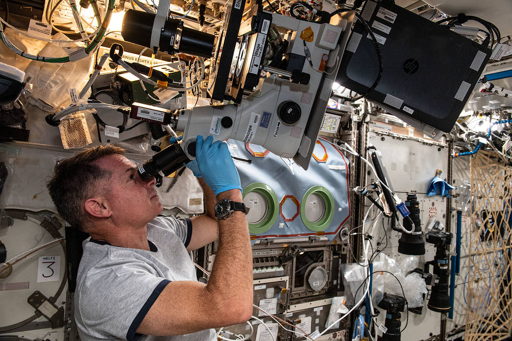NASA astronaut Shane Kimbrough sets up a microscope