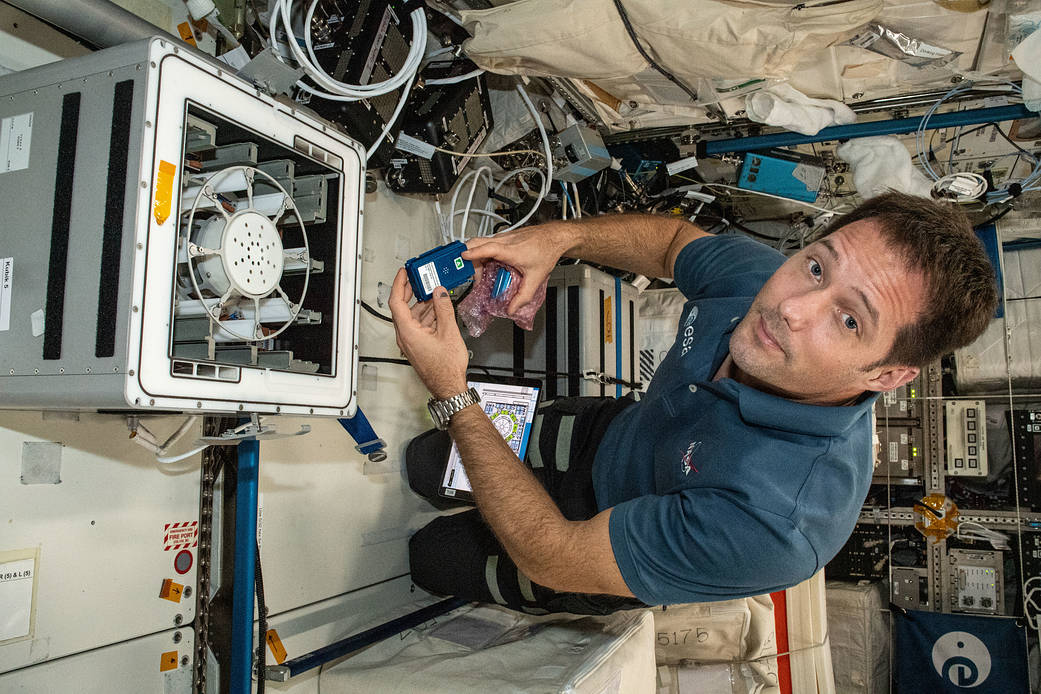 Astronaut Thomas Pesquet installs the Molecular Muscle Experiment-2