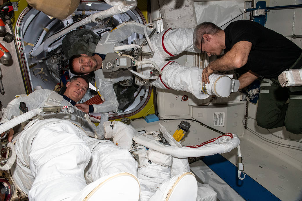 Expedition 65 astronauts test spacesuits
