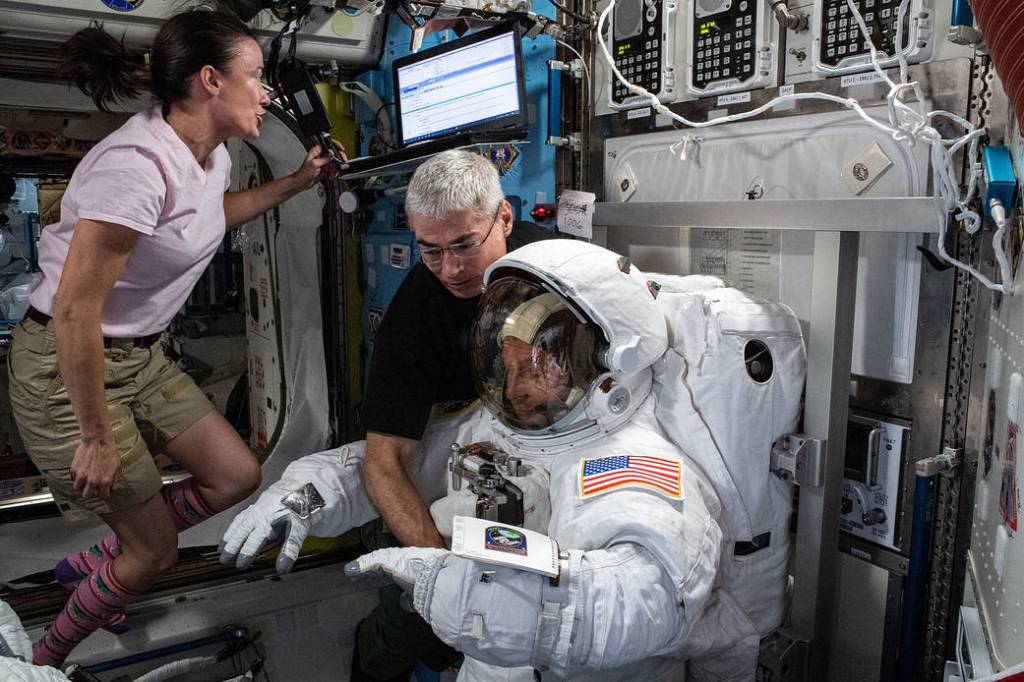Expedition 65 Flight Engineers astronaut Shane Kimbrough in his U.S. spacesuit