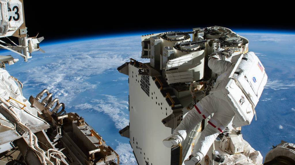 Astronaut Thomas Pesquet during a solar array installation spacewalk