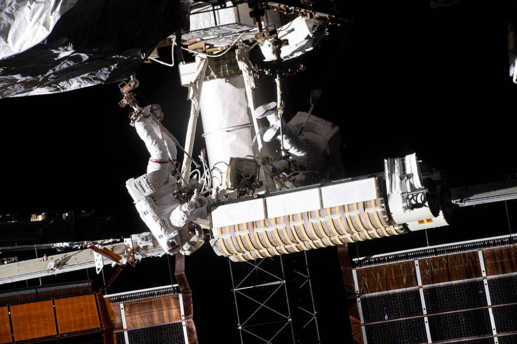 Astronaut Thomas Pesquet during a solar array installation spacewalk