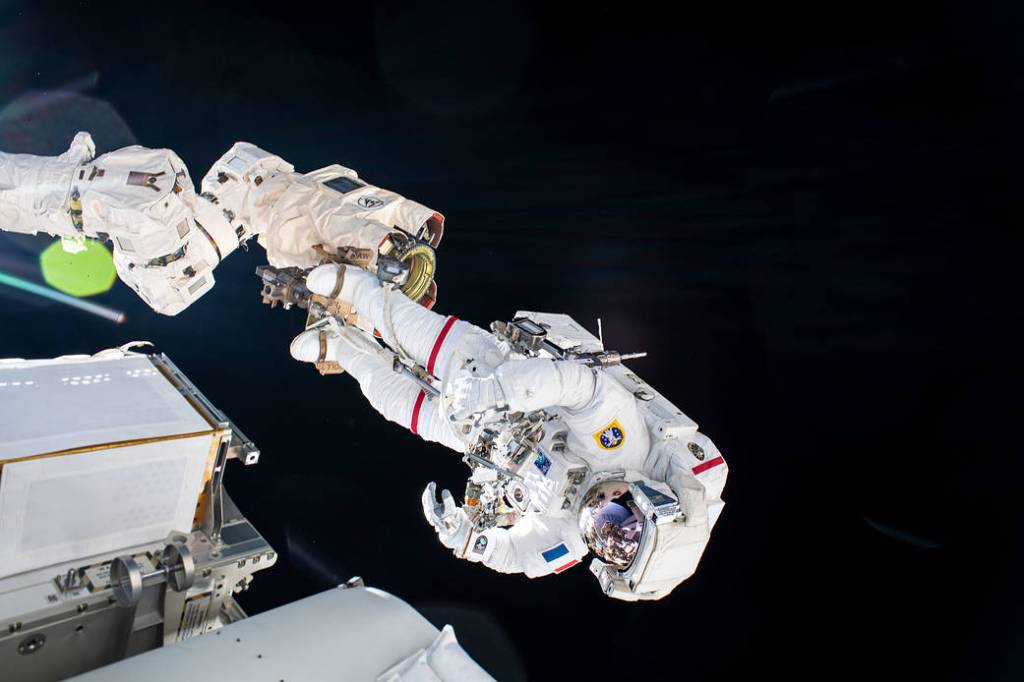 Astronaut Thomas Pesquet during a solar array installation spacewalk
