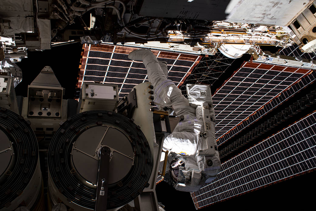 Astronaut Shane Kimbrough during a solar array installation spacewalk