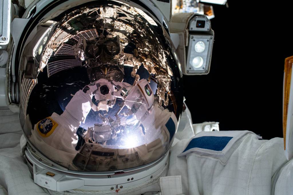 Astronaut Thomas Pesquet takes a “space-selfie” during a spacewalk