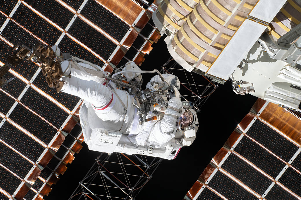 Spacewalker Thomas Pesquet during solar array installation