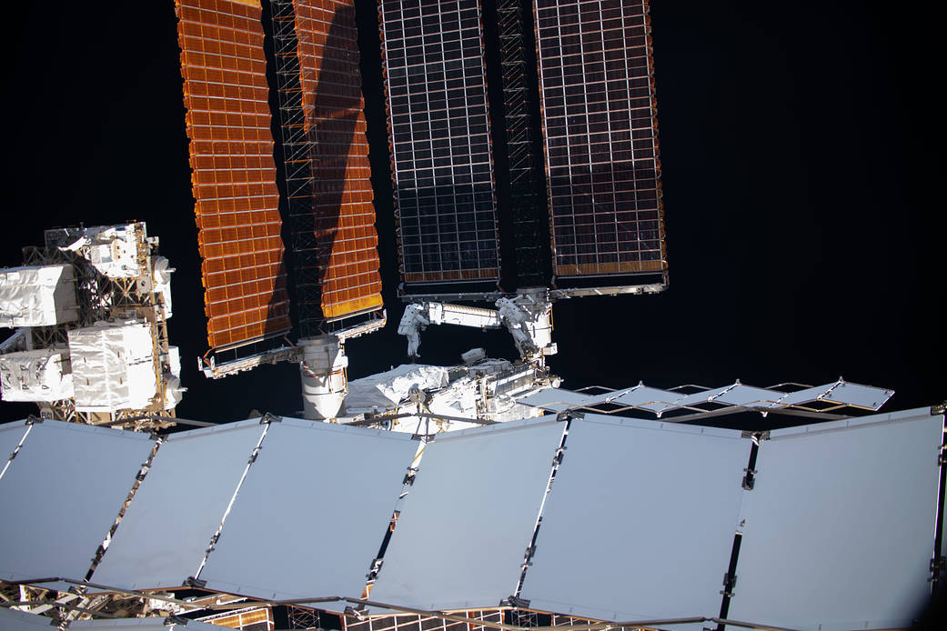 Spacewalkers Shane Kimbrough and Thomas Pesquet during solar array installation