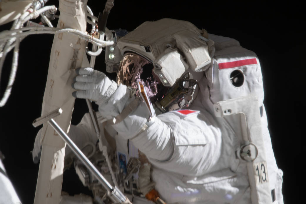Spacewalker Thomas Pesquet during solar array installation