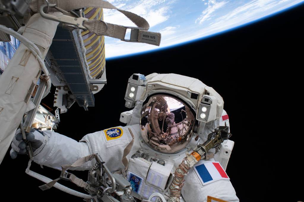 Spacewalker Thomas Pesquet during solar array installation