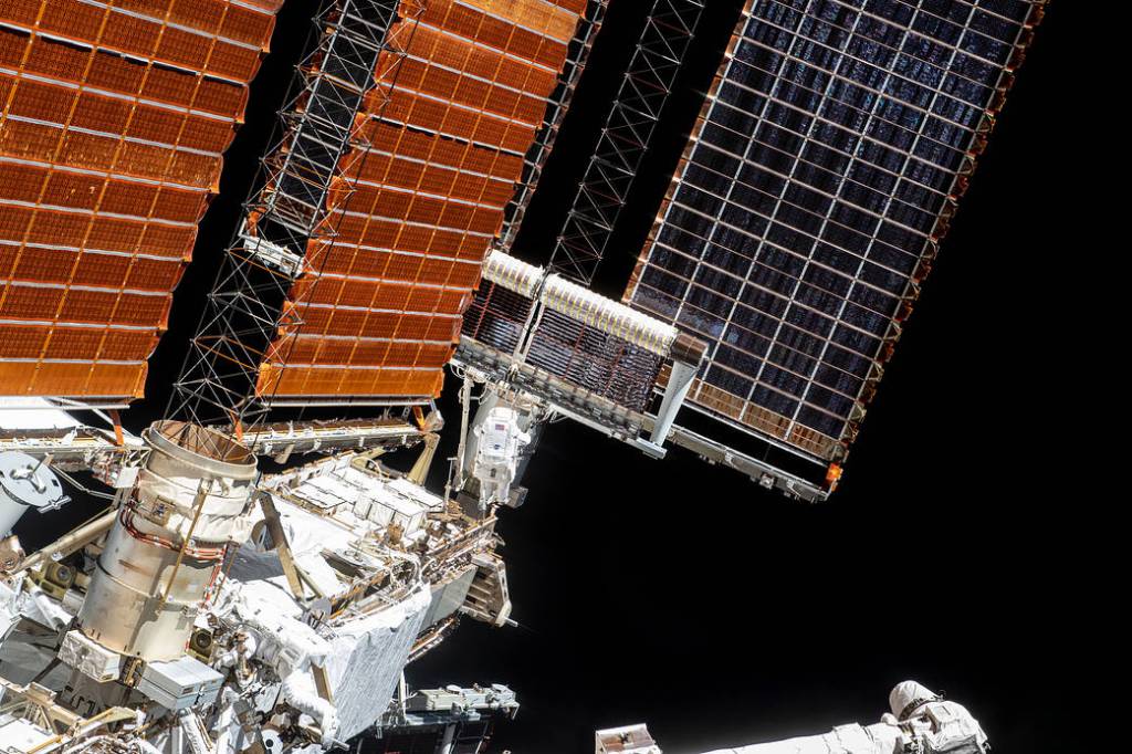 Spacewalker Thomas Pesquet during solar array installation work