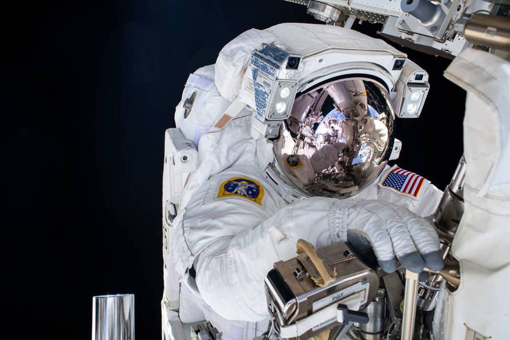 NASA spacewalker Shane Kimbrough during solar array installation work