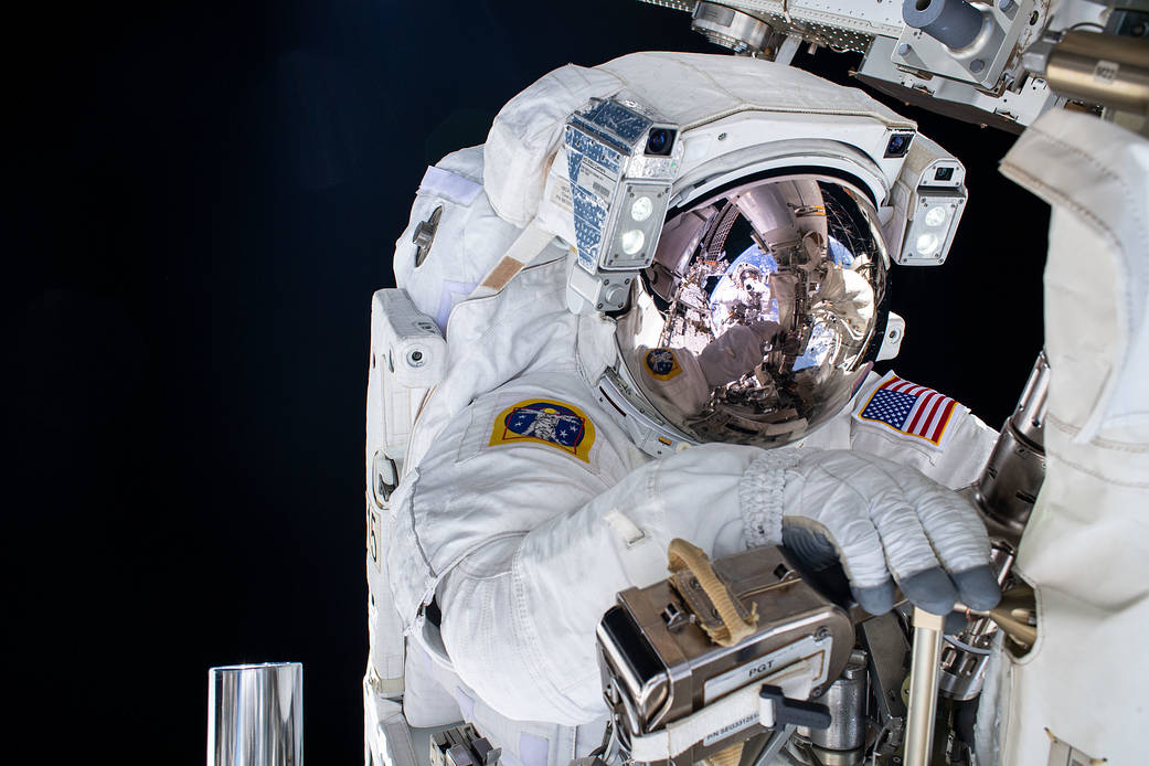 NASA spacewalker Shane Kimbrough during solar array installation work