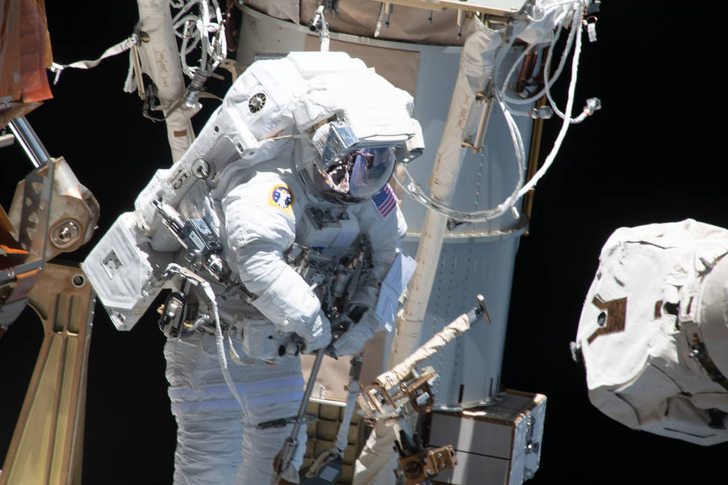 NASA spacewalker Shane Kimbrough during solar array installation work