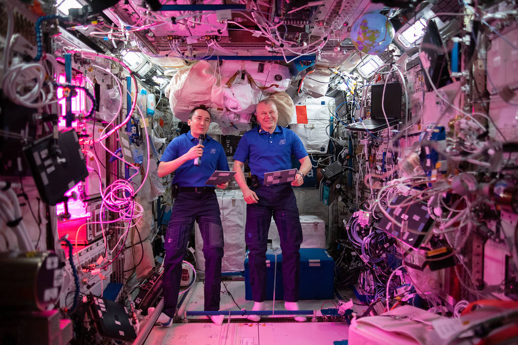 Cosmonauts Pyotr Dubrov and Oleg Novitskiy in the Columbus lab module