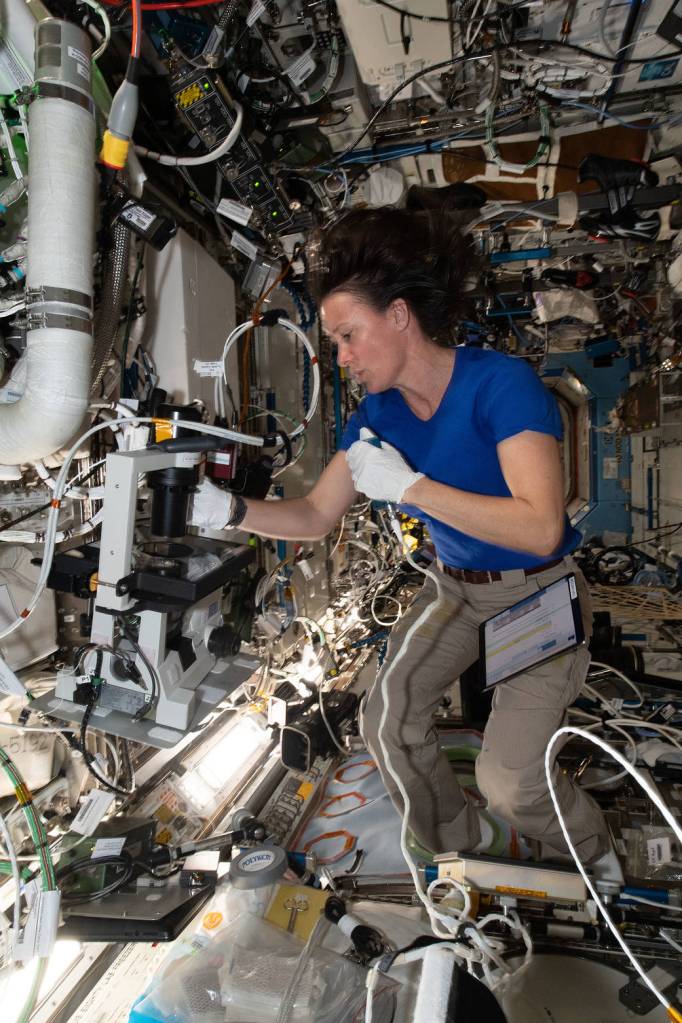 NASA astronaut Megan McArthur sets up a microscope