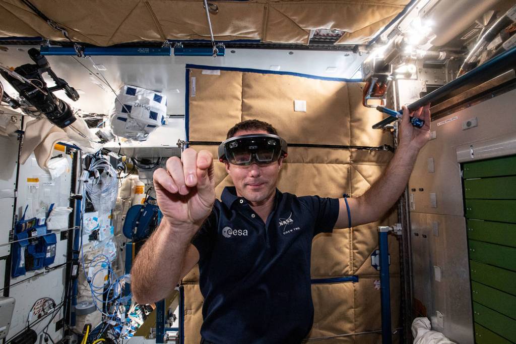 Astronaut Thomas Pesquet wears the Sidekick augmented reality goggles