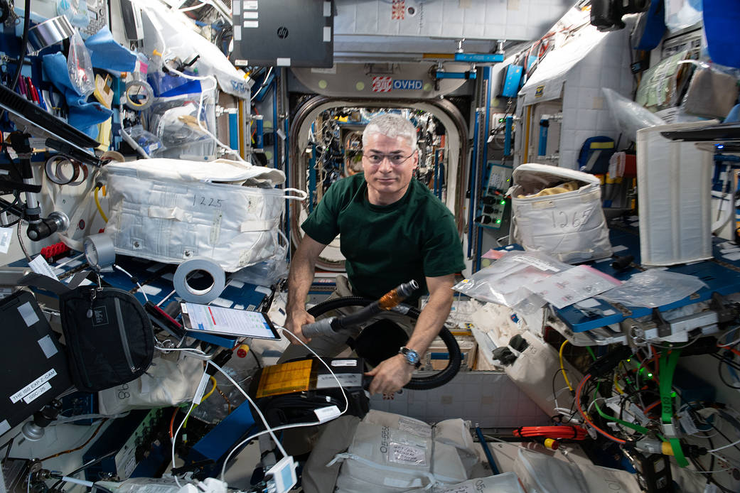 Astronaut Mark Vande Hei works on maintenance tasks