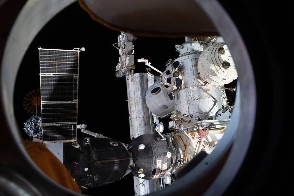 Portions of the space station are pictured from Nauka