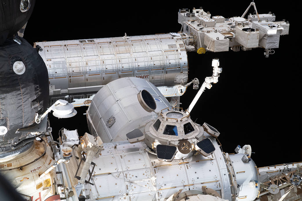 Portions of the space station are pictured from Nauka