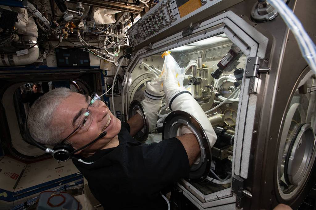 Astronaut Mark Vande Hei works inside the Microgravity Science Glovebox