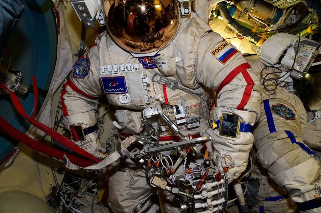 An empty Russian Orlan spacesuit in the Poisk module