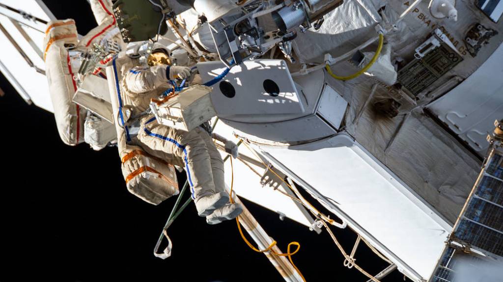 Russian spacewalkers Oleg Novitskiy and Pyotr Dubrov