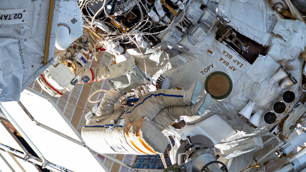 Russian spacewalkers Oleg Novitskiy and Pyotr Dubrov