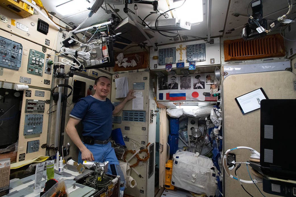 Cosmonaut Pyotr Dubrov is in the Zvezda service module