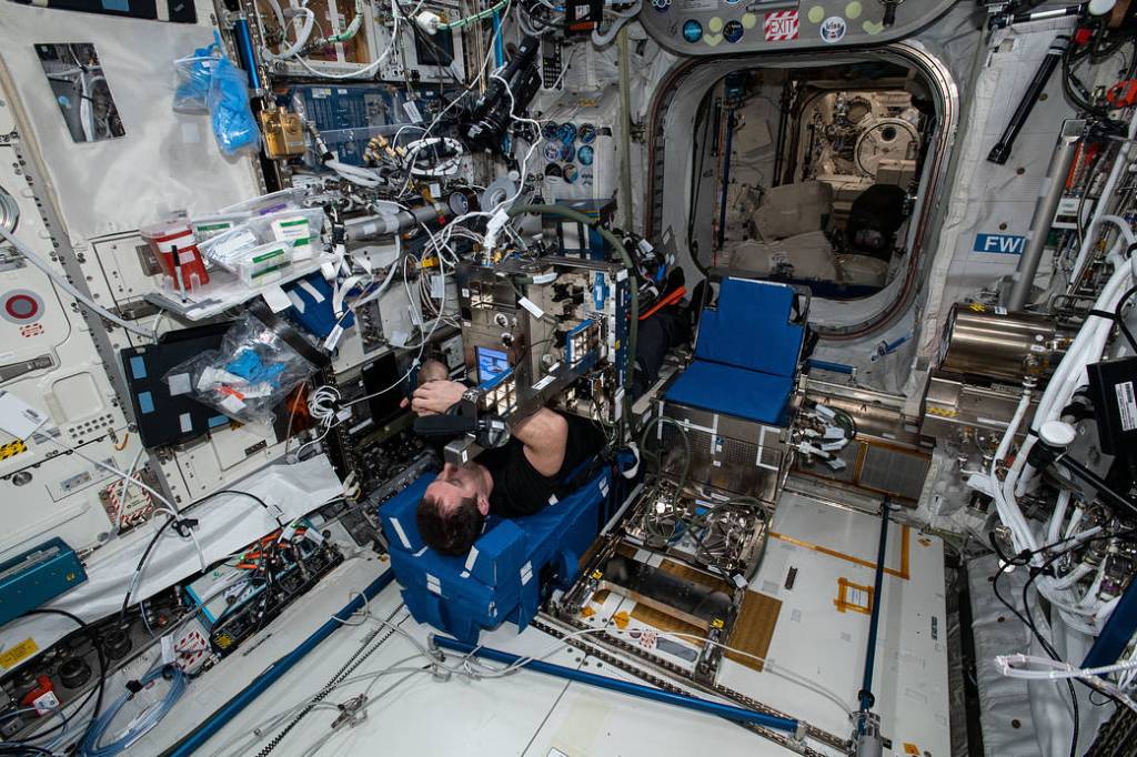 Astronaut Thomas Pesquet works on the GRIP human research experiment