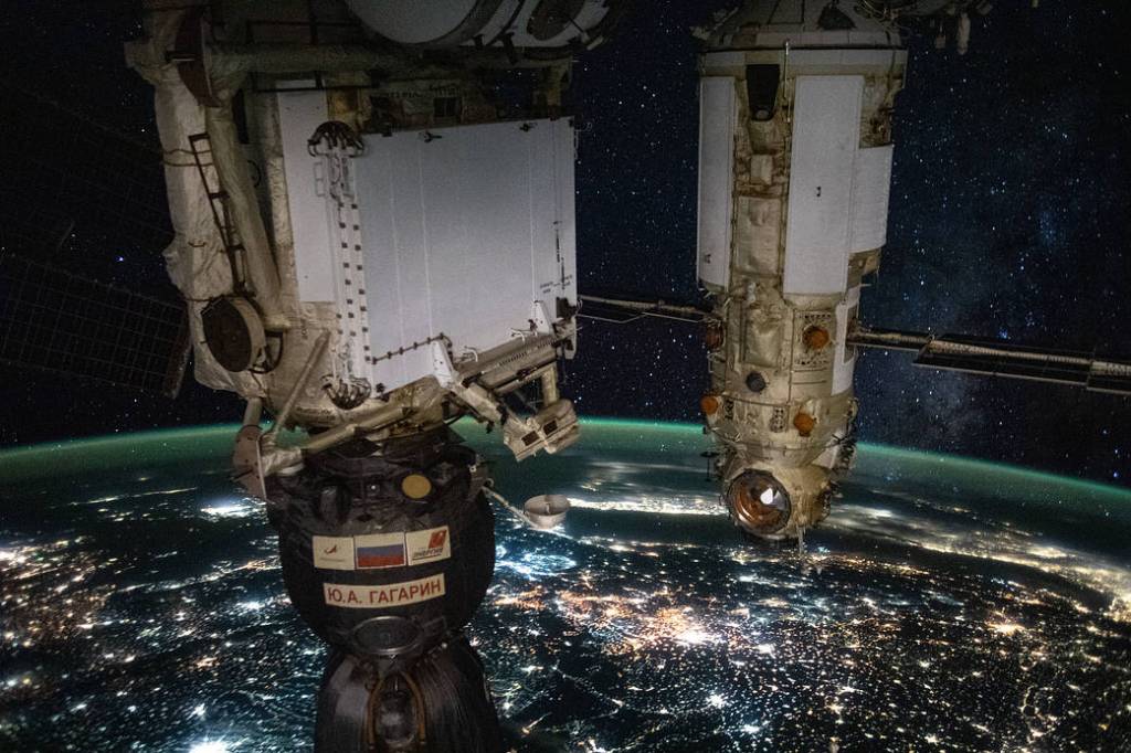 The Soyuz and Nauka above eastern Europe