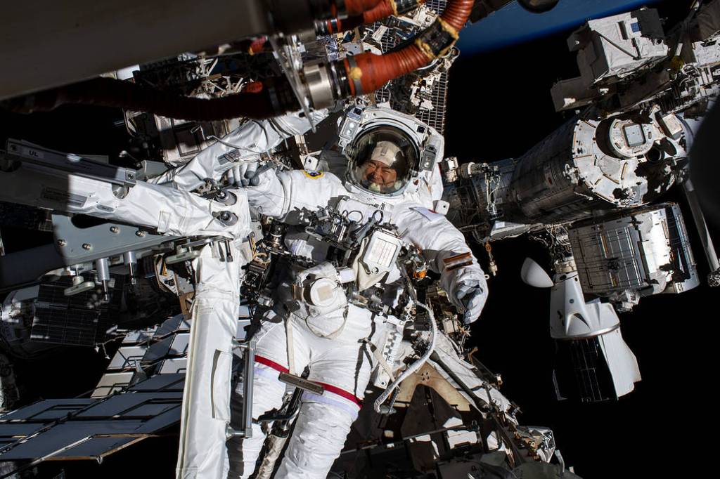 Astronaut Akihiko Hoshide is pictured during a spacewalk