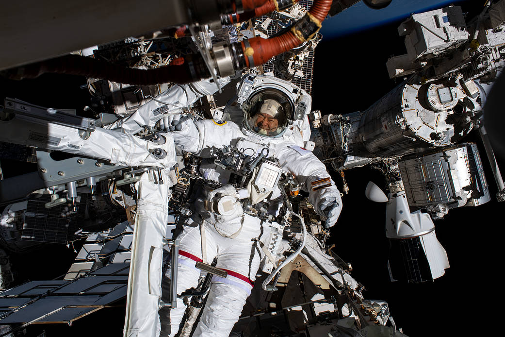 Astronaut Akihiko Hoshide is pictured during a spacewalk