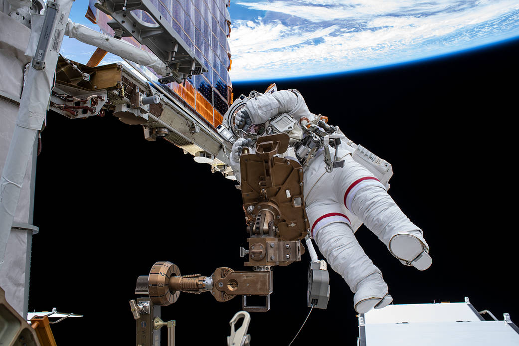 Astronaut Akihiko Hoshide is pictured during a spacewalk