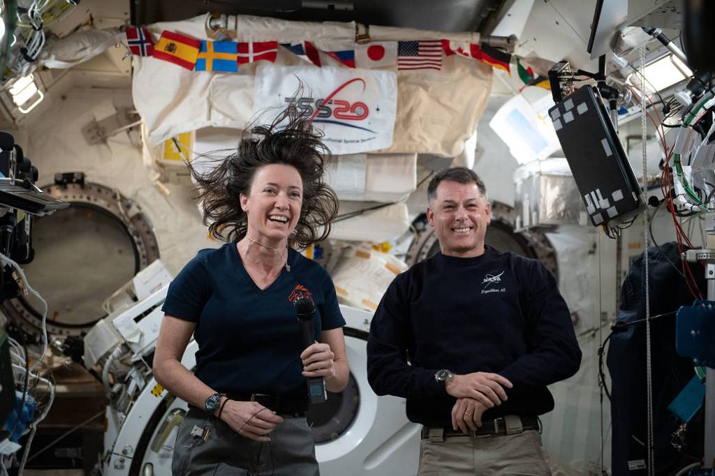Astronauts Megan McArthur and Shane Kimbrough inside the Kibo laboratory module