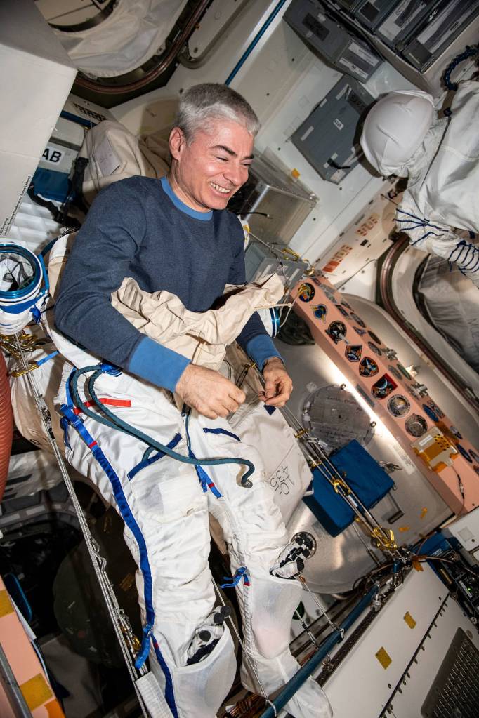Astronaut Mark Vande Hei tries on the Sokol launch and entry suit