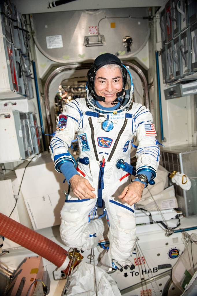 Astronaut Mark Vande Hei tries on the Sokol launch and entry suit